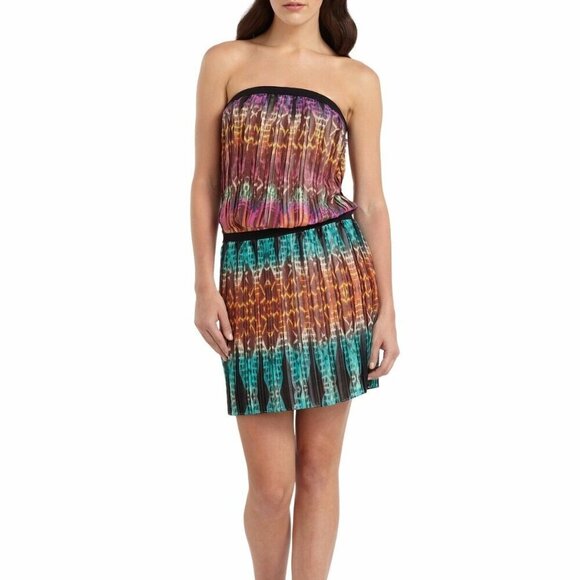 BCBG Maxazria Boho Mini Dress Large Strapless Tribal Print Pleated Georgette - Picture 4 of 6